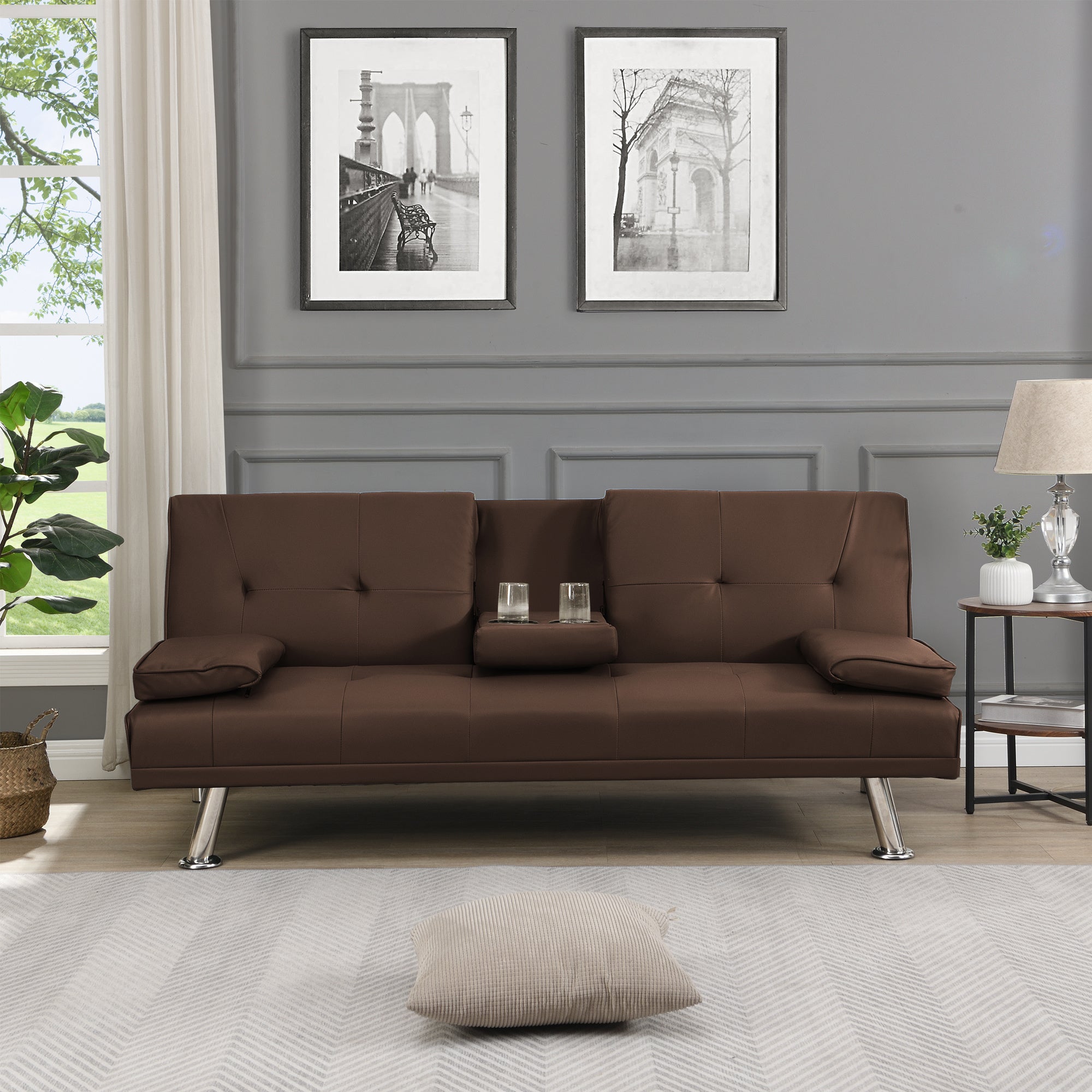 sofa bed with Armrest two holders WOOD FRAME, STAINLESS LEG, FUTON SOFA PVC