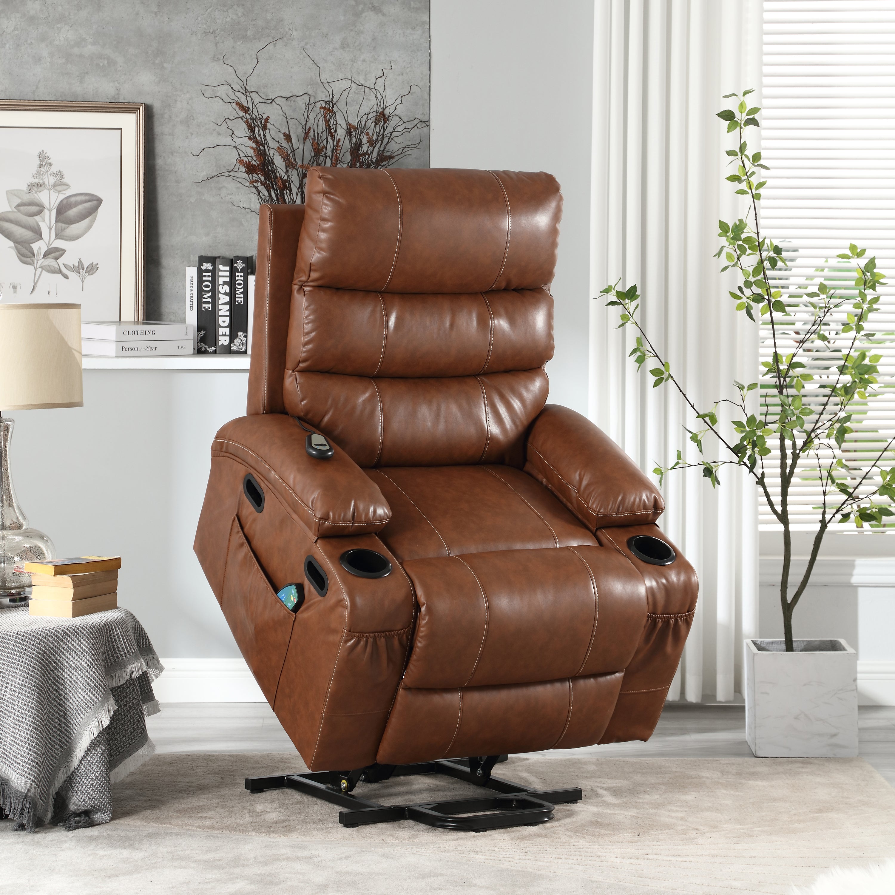 21"seat width,large size Electric Power Lift Recliner Chair Sofa for Elderly, 8 point vibration Massage and lumber heat, Remote Control, Side Pockets and Cup Holders, cozy fabric, overstuffed arm pvc