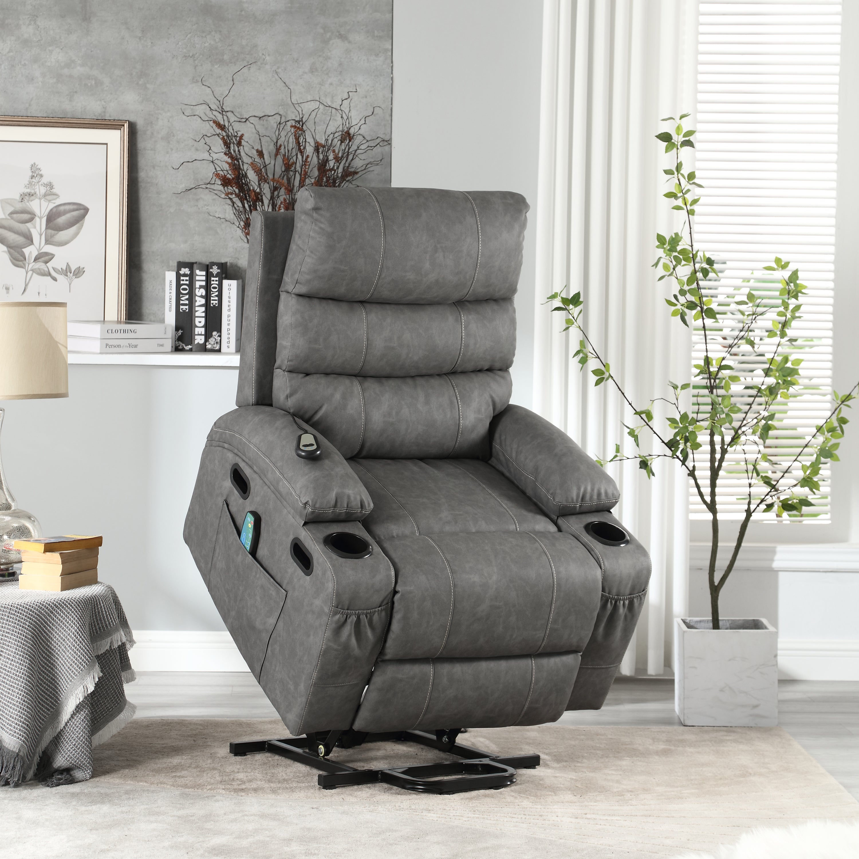 21"seat width,large size Electric Power Lift Recliner Chair Sofa for Elderly, 8 point vibration Massage and lumber heat, Remote Control, Side Pockets and Cup Holders, cozy fabric, overstuffed arm pvc