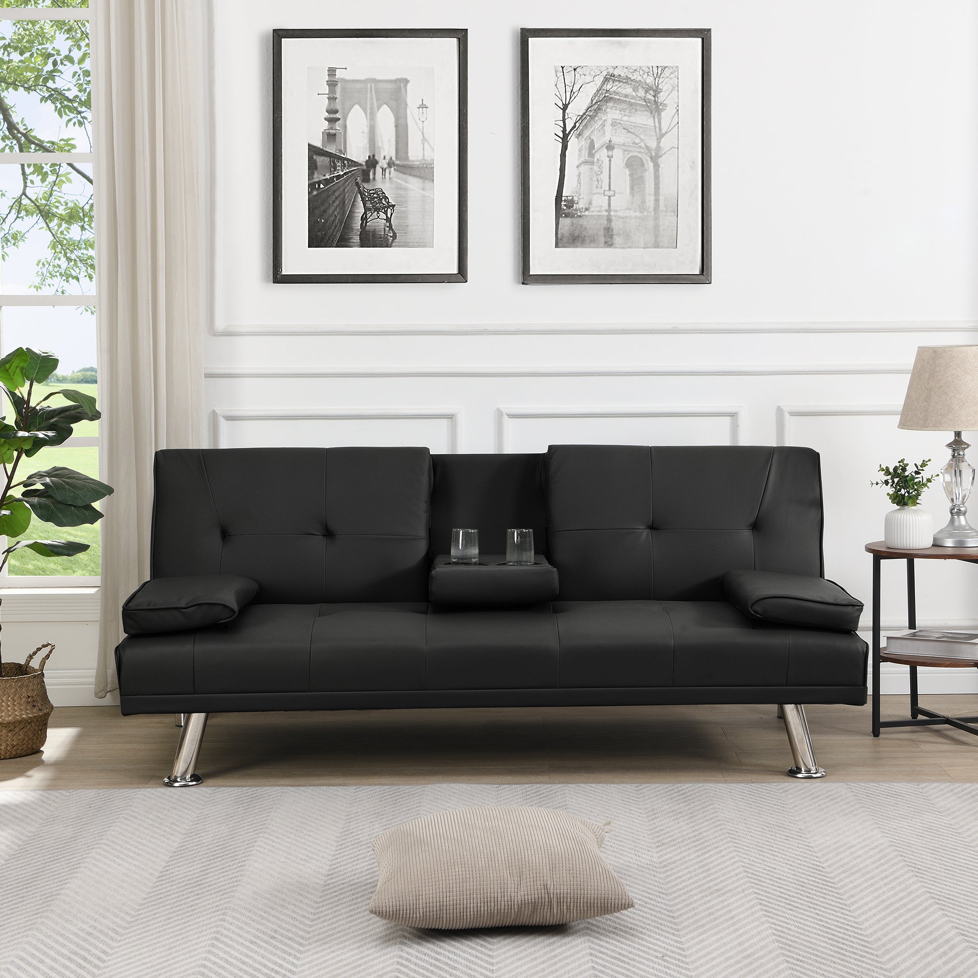 sofa bed with Armrest two holders WOOD FRAME, STAINLESS LEG, FUTON SOFA PVC