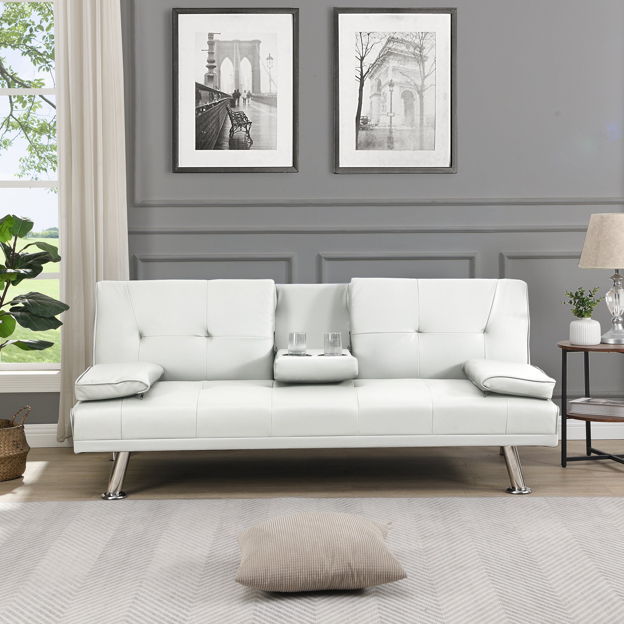 sofa bed with Armrest two holders WOOD FRAME, STAINLESS LEG, FUTON SOFA PVC