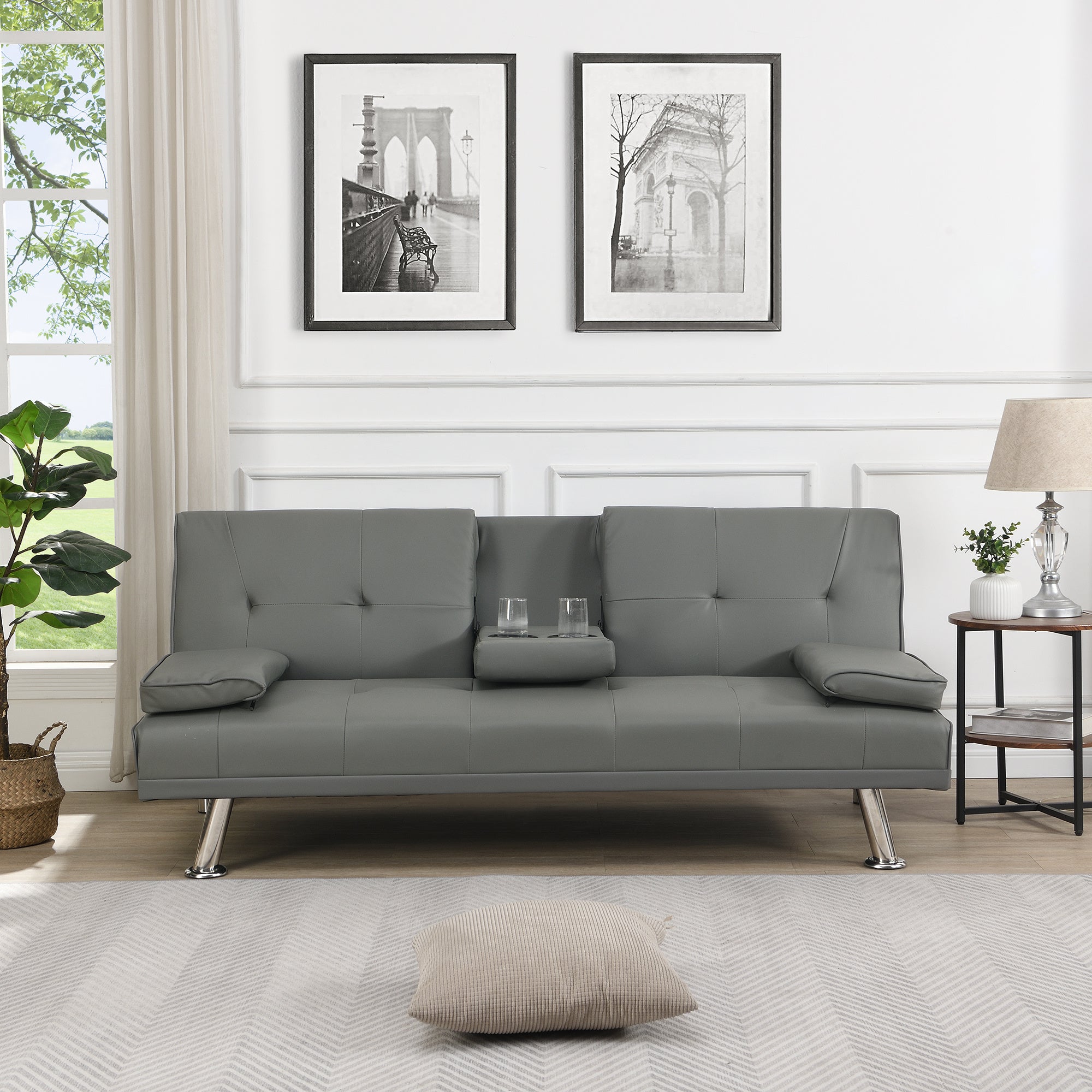 sofa bed with Armrest two holders WOOD FRAME, STAINLESS LEG, FUTON SOFA PVC