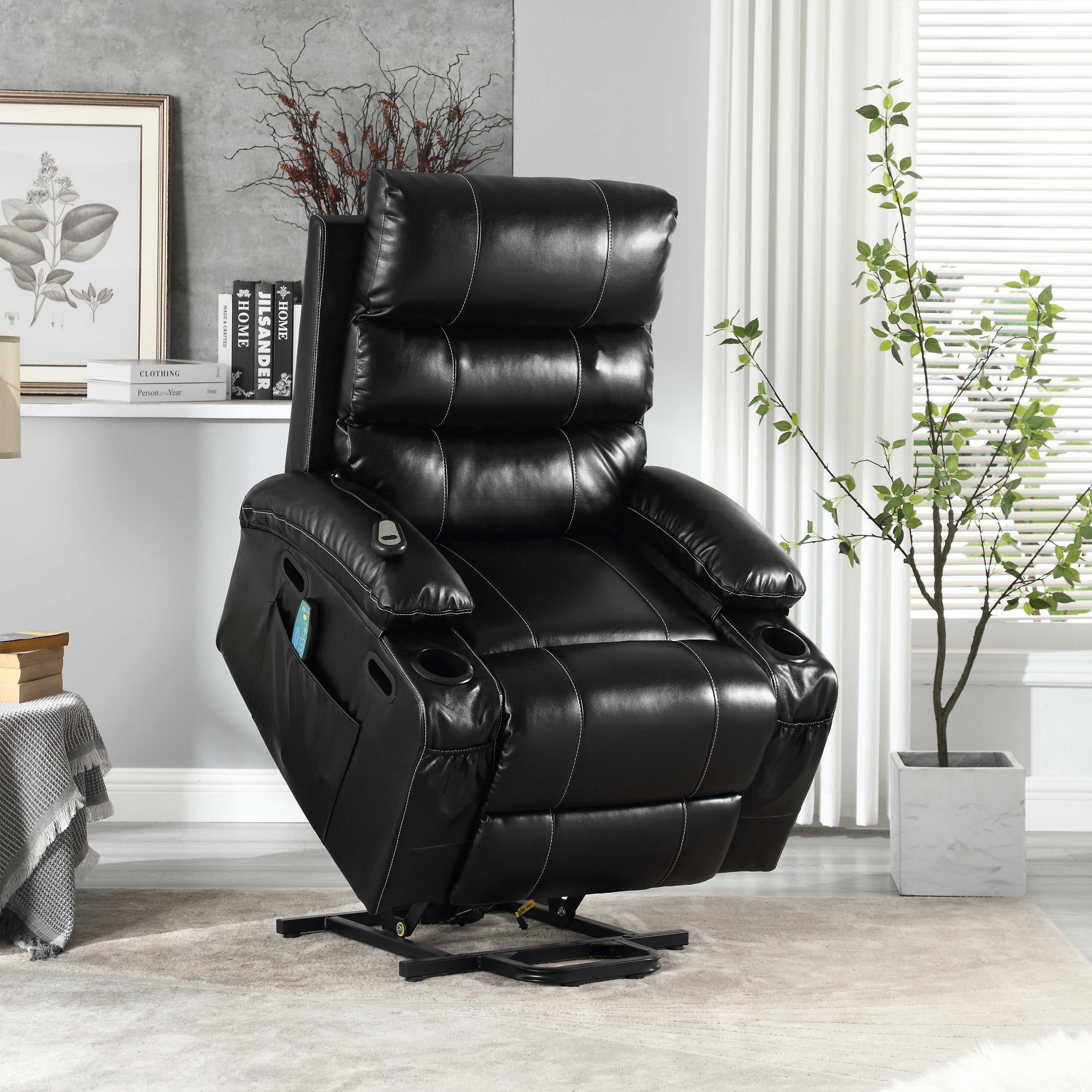 21"seat width,large size Electric Power Lift Recliner Chair Sofa for Elderly, 8 point vibration Massage and lumber heat, Remote Control, Side Pockets and Cup Holders, cozy fabric, overstuffed arm pvc