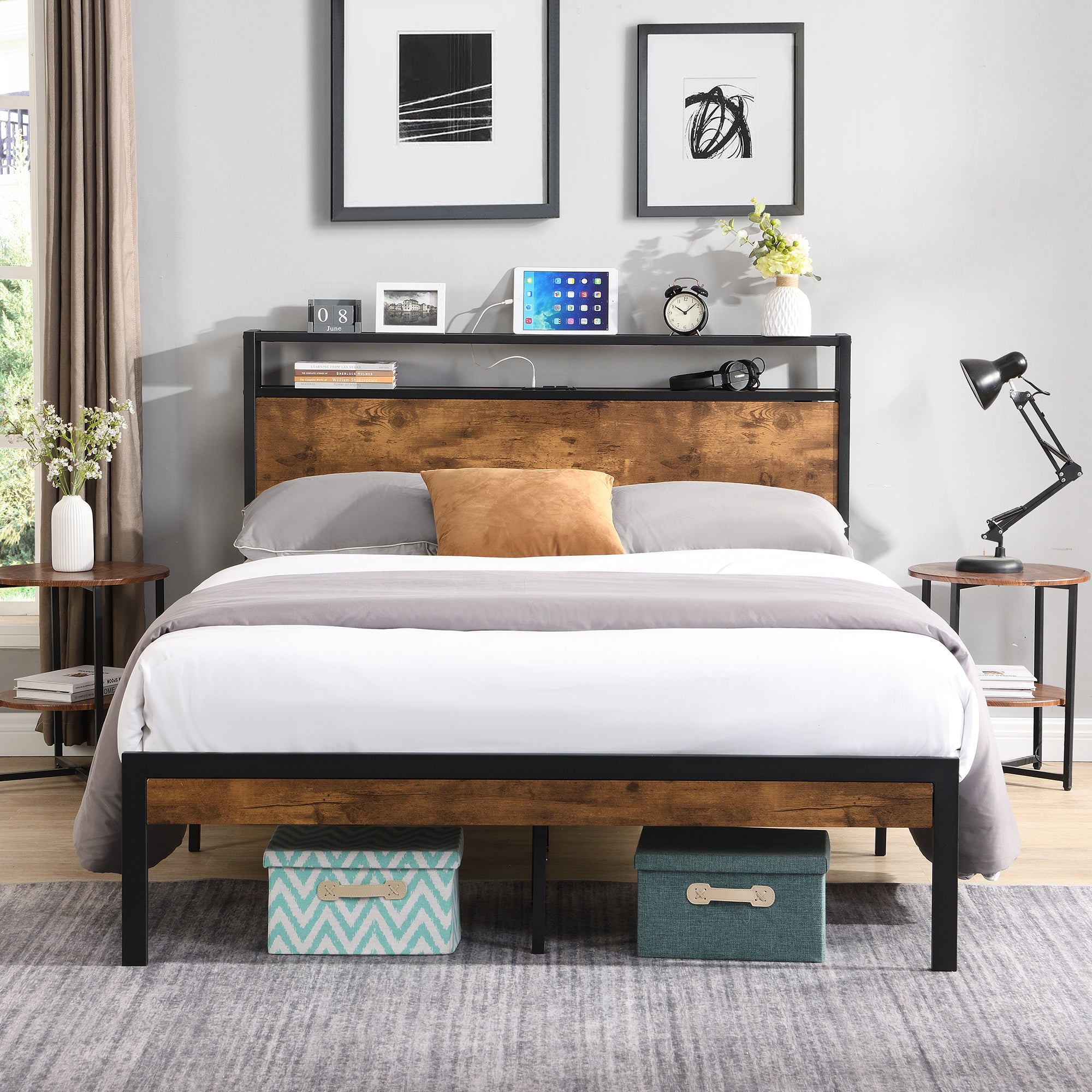 Best selling Bedroom Furniture Metal Platform Bed Frame with Wooden Headboard and Footboard with USB