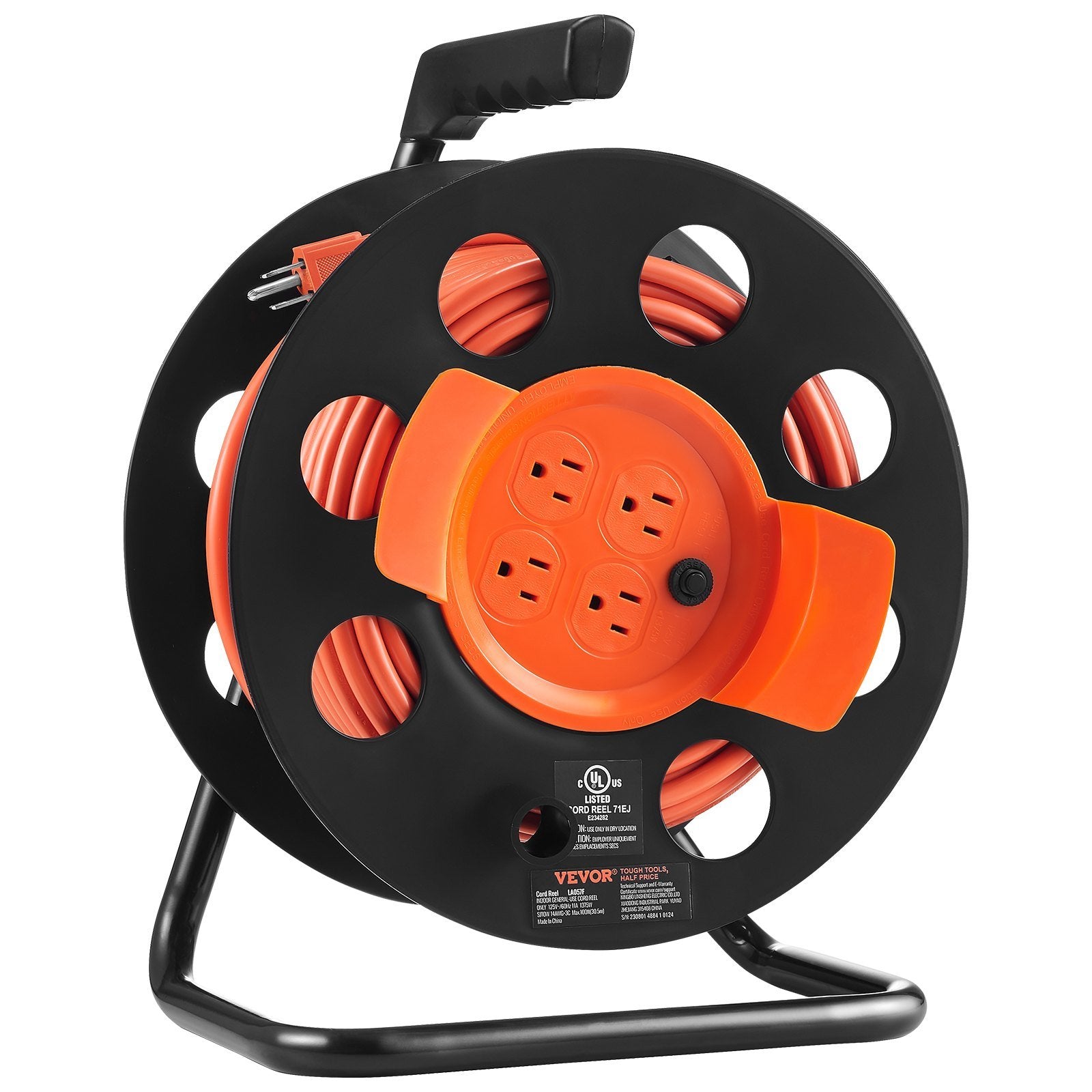 VEVOR Extension Cord Reel, 100FT, with 4 Outlets and Dust Cover, Heavy Duty 14AWG SJTOW Power Cord, Manual Cord Reel with Portable Handle Circuit Brea