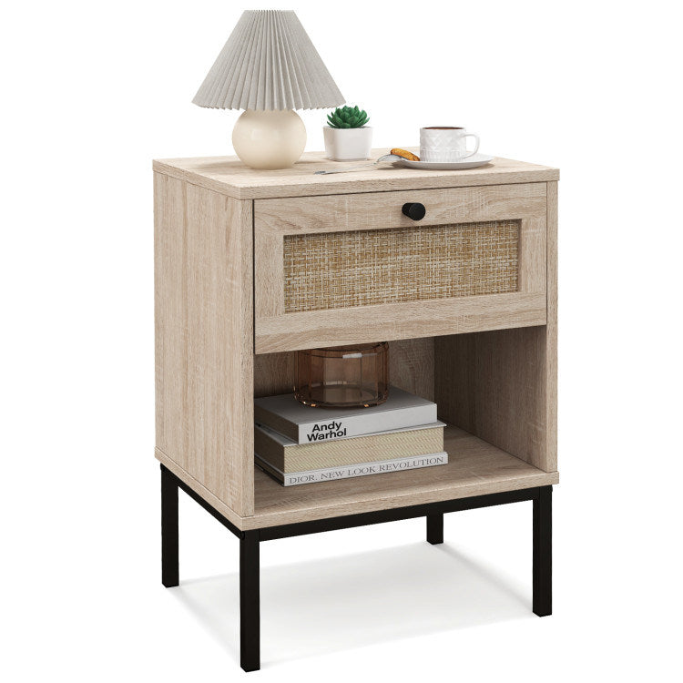 Rattan Nightstand Boho End Table with Rattan Drawer & Open Shelf