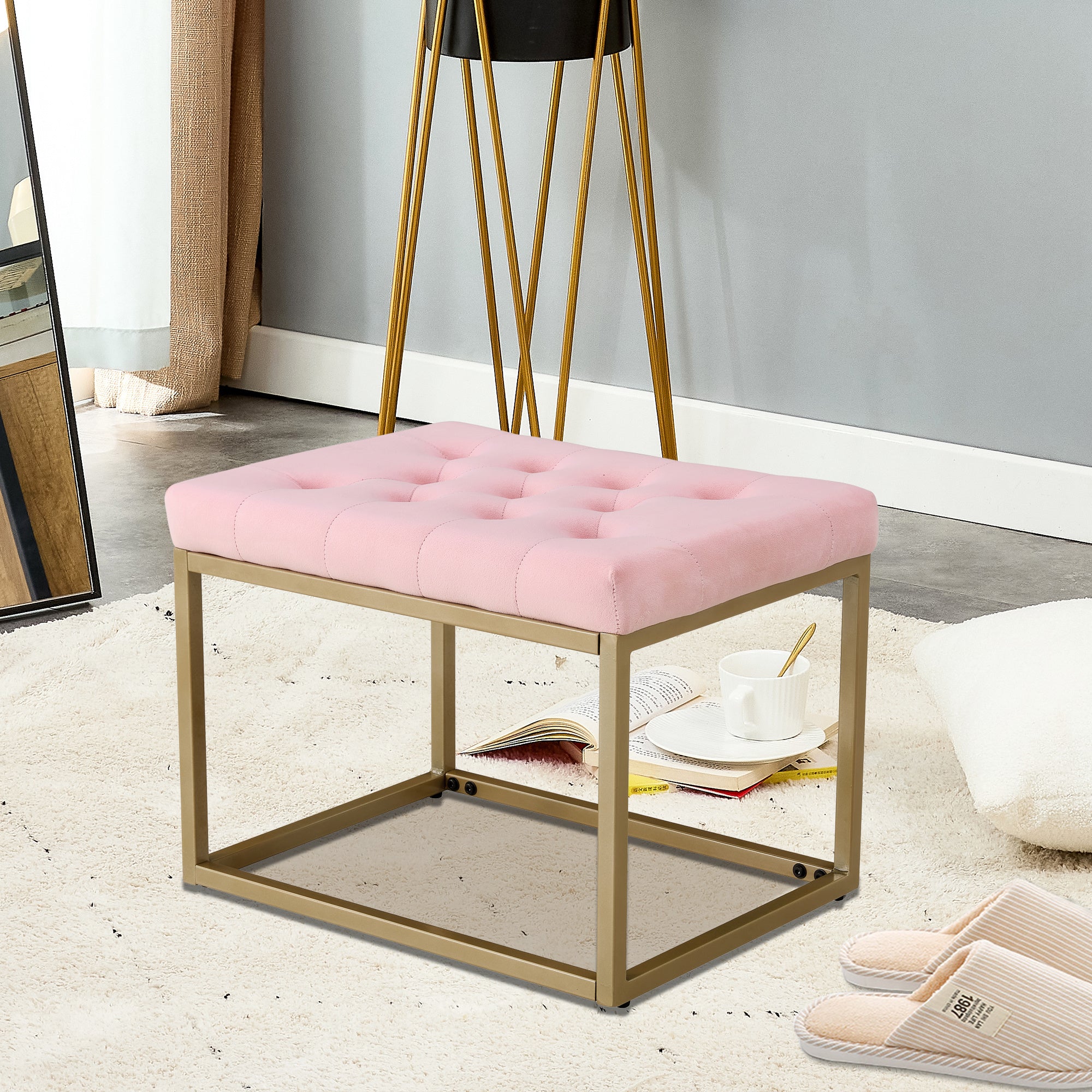 Velvet Shoe Changing Stool - Versatile Square Footrest for Clothes Shop or Living Room