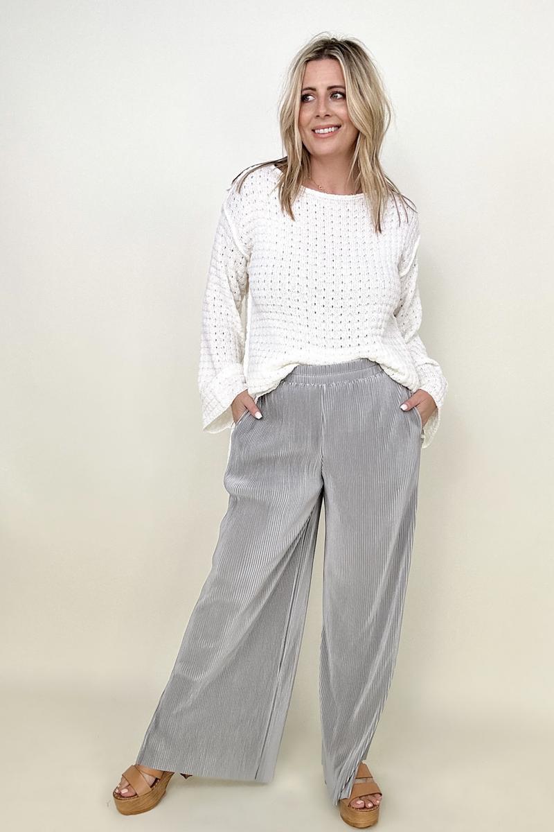 Satin Plisse Palazzo Pants with Pockets