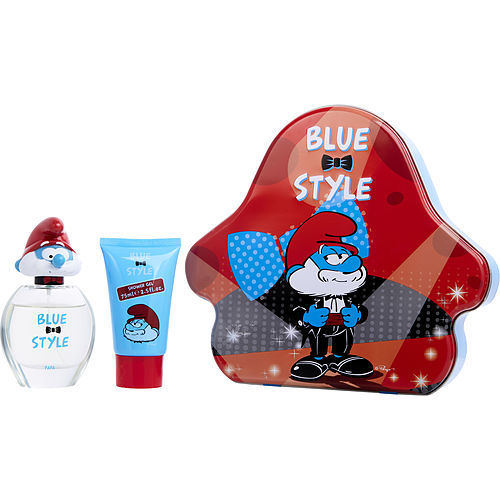 SMURFS 3D by First American Brands PAPA SMURF EDT SPRAY 1.7 OZ & SHOWER GEL 2.5 OZ & METAL LUNCH BOX (BLUE & STYLE)