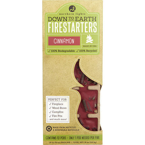 CINNAMON FIRESTARTERS by DOWN TO EARTH FIRESTARTERS FRAGRANCED COLORED WAX COMBINED WITH RECYCLED AND RENEWABLE MATERIAL. BOX CONTAINS 10X1.8 OZ EACH TEARAWAY PODS