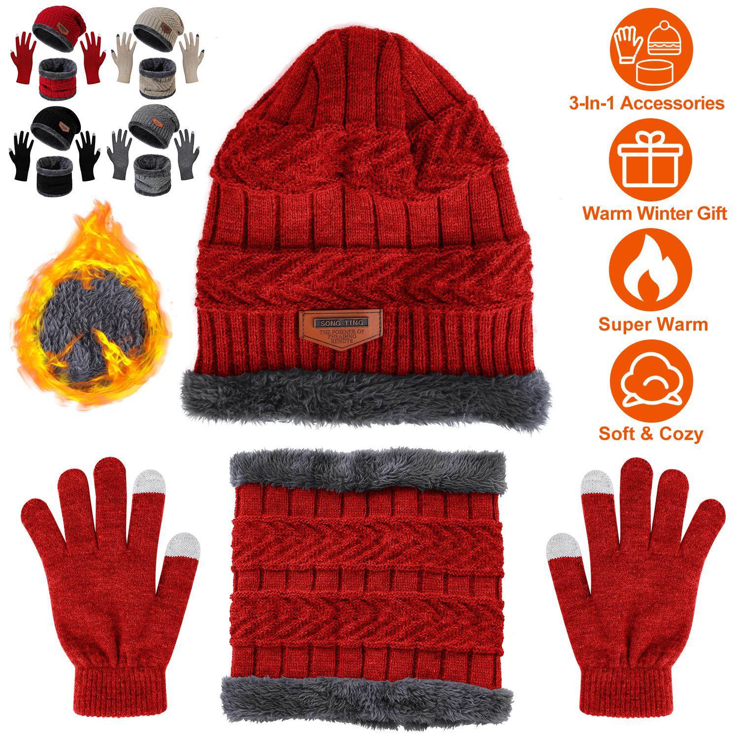 Winter Knitted Hat Scarf Gloves 3Pcs Winter Warm Beanie and Touch Screen Gloves Scarf Set Knit Beanie Skull Cap Neck Warmer Mittens for Men Women