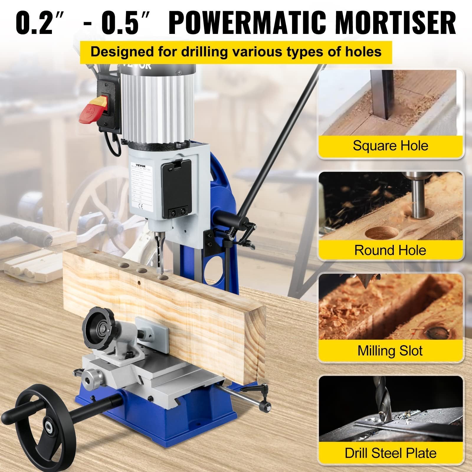 VEVOR Woodworking Mortise Machine, 1/2 HP 1400RPM Powermatic Mortiser, With Movable Work Bench Benchtop Mortising Machine, For Making Round Holes Squa