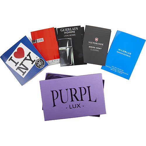 PURPL LUX SUBSCRIPTION BOX FOR MEN by $BOND NO. 9 I LOVE NY - $GUERLAIN HOMME L'EAU BOISEE - $DESIRE - $SWISS ARMY - $BANANA REPUBLIC WILDBLUE