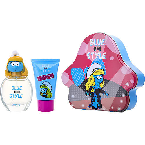 SMURFS 3D by First American Brands SMURFETTE EDT SPRAY 1.7 OZ & SHOWER GEL 2.5 OZ & METAL LUNCH BOX (BLUE & STYLE)