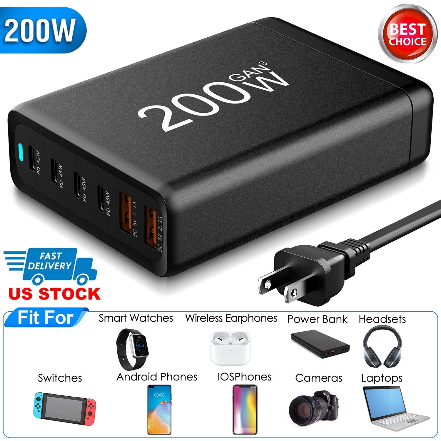 200W Fast Wall Charger with 6 Charging Ports Desktop USB Charging Station PD45W 2.4A GaN Power Adapter Fit for IOSPhone 14 13 12 11 Samsung S22 S21 Sw