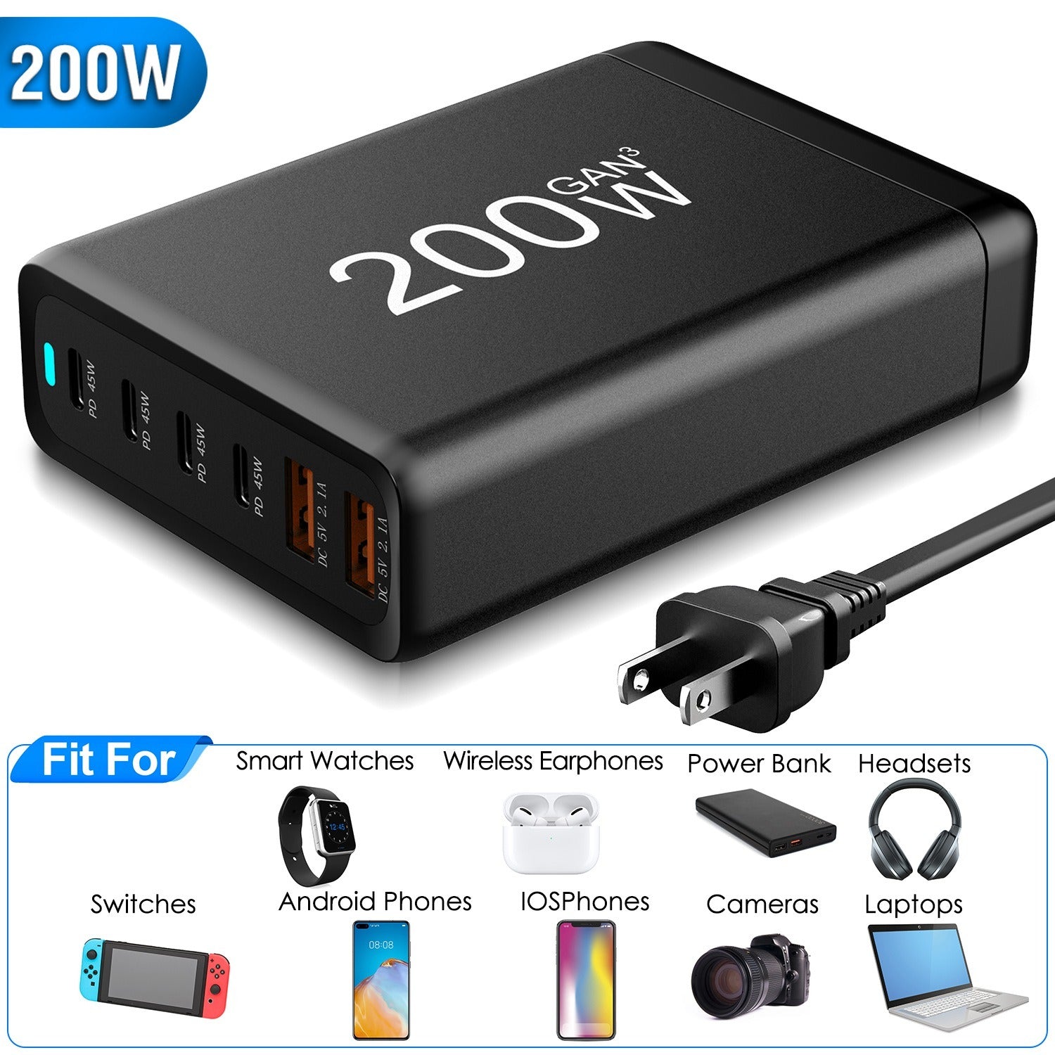 200W Fast Wall Charger with 6 Charging Ports Desktop USB Charging Station PD45W 2.4A GaN Power Adapter Fit for IOSPhone 14 13 12 11 Samsung S22 S21 Sw