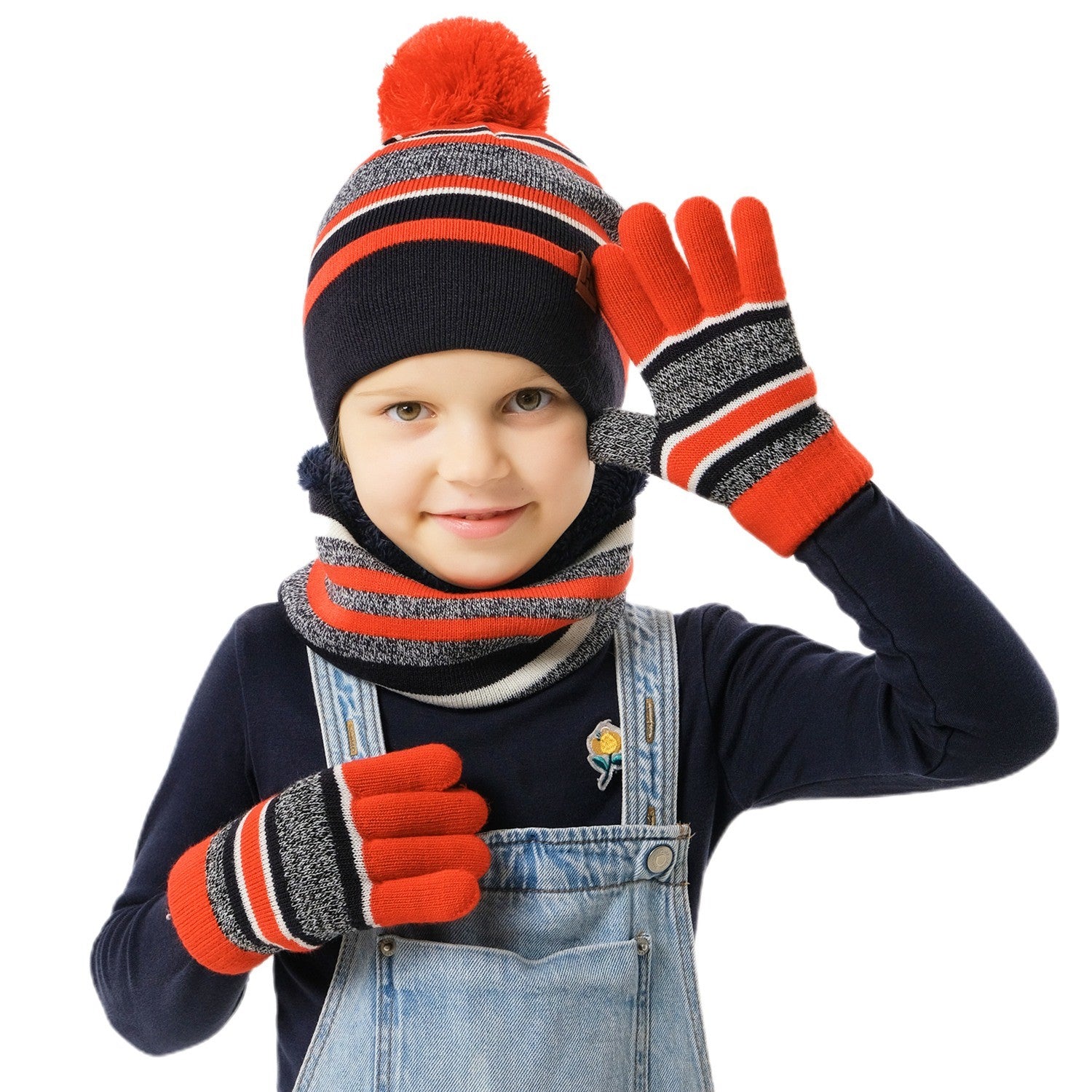 Winter Kids Knitted Hat Scarf Gloves 3Pcs Boys Girls Winter Warm Beanie Hat and Glove Scarf Set Beanie Neck Warmer Mittens for 4-7-Year-Old Kids