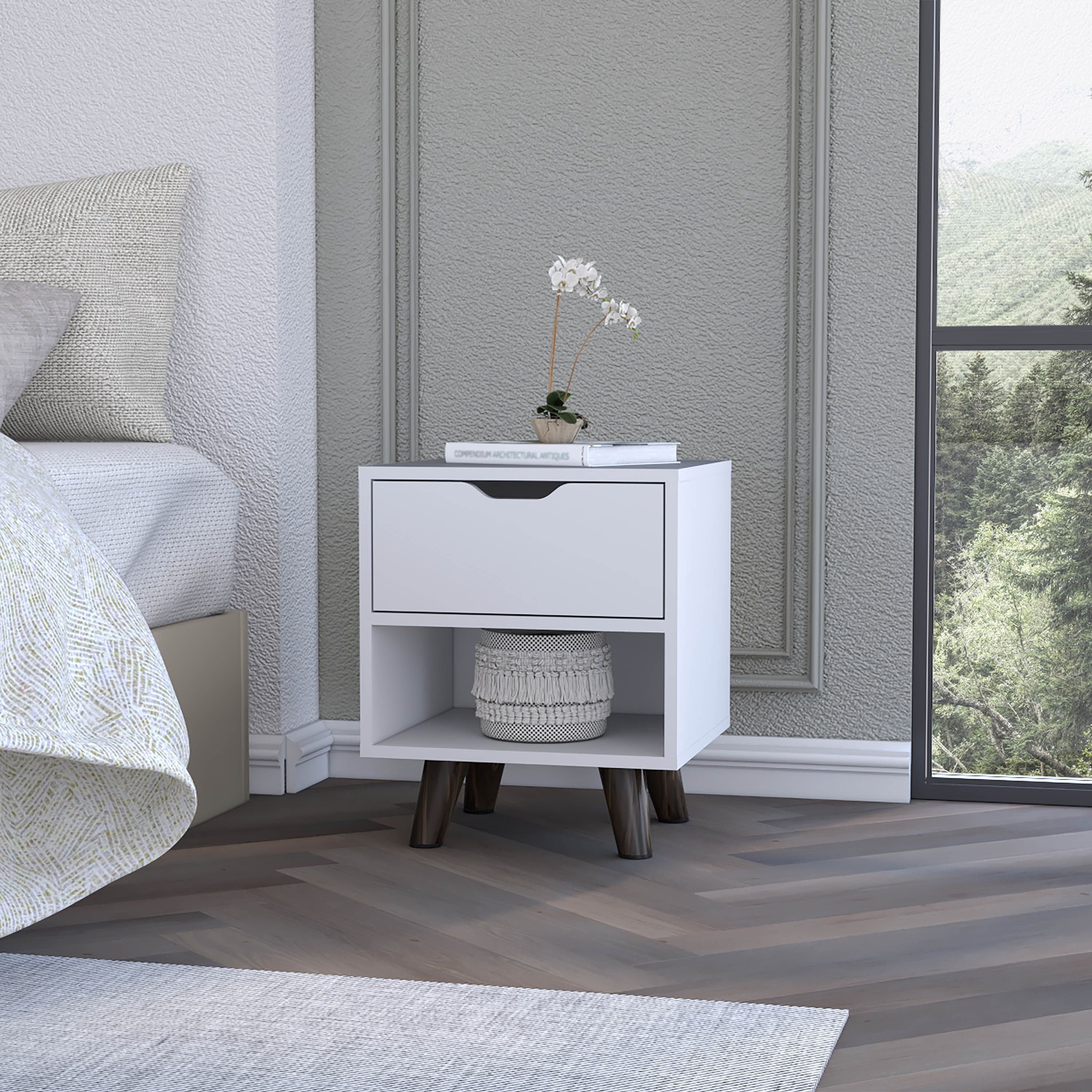 Carthage Nightstand with 1-Drawer, 1-Open Storage Shelf and Wooden Legs, White