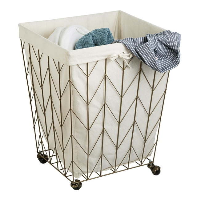 Steel Chevron Rolling Laundry Hamper with Removable Cotton Liner, Antique Gold/Natural