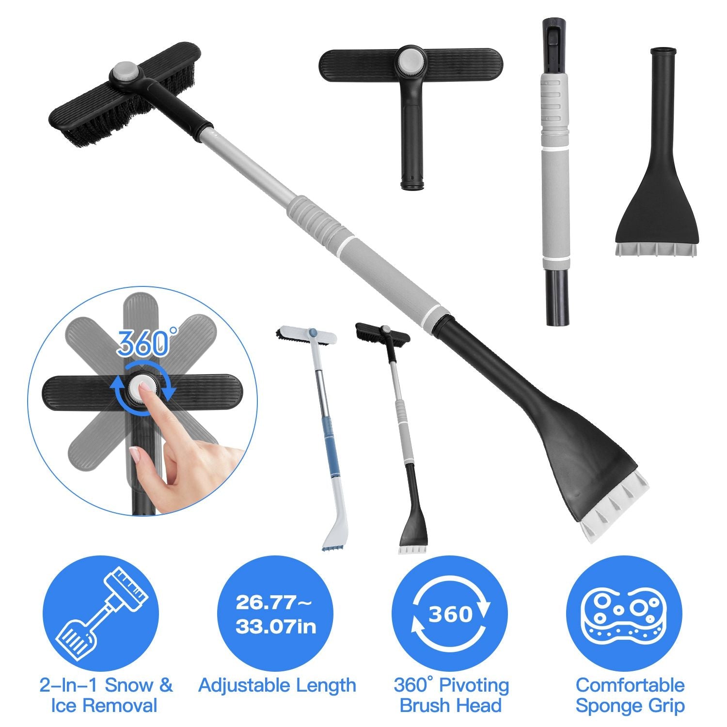 2 In 1 Ice Scraper Extendable Car Snow Brush Telescopic Snow Removal Tool Automobile Snow Shovel Frost Removal with 360° Pivoting Brush Head Sponge Grip 26.77-33.07in Length