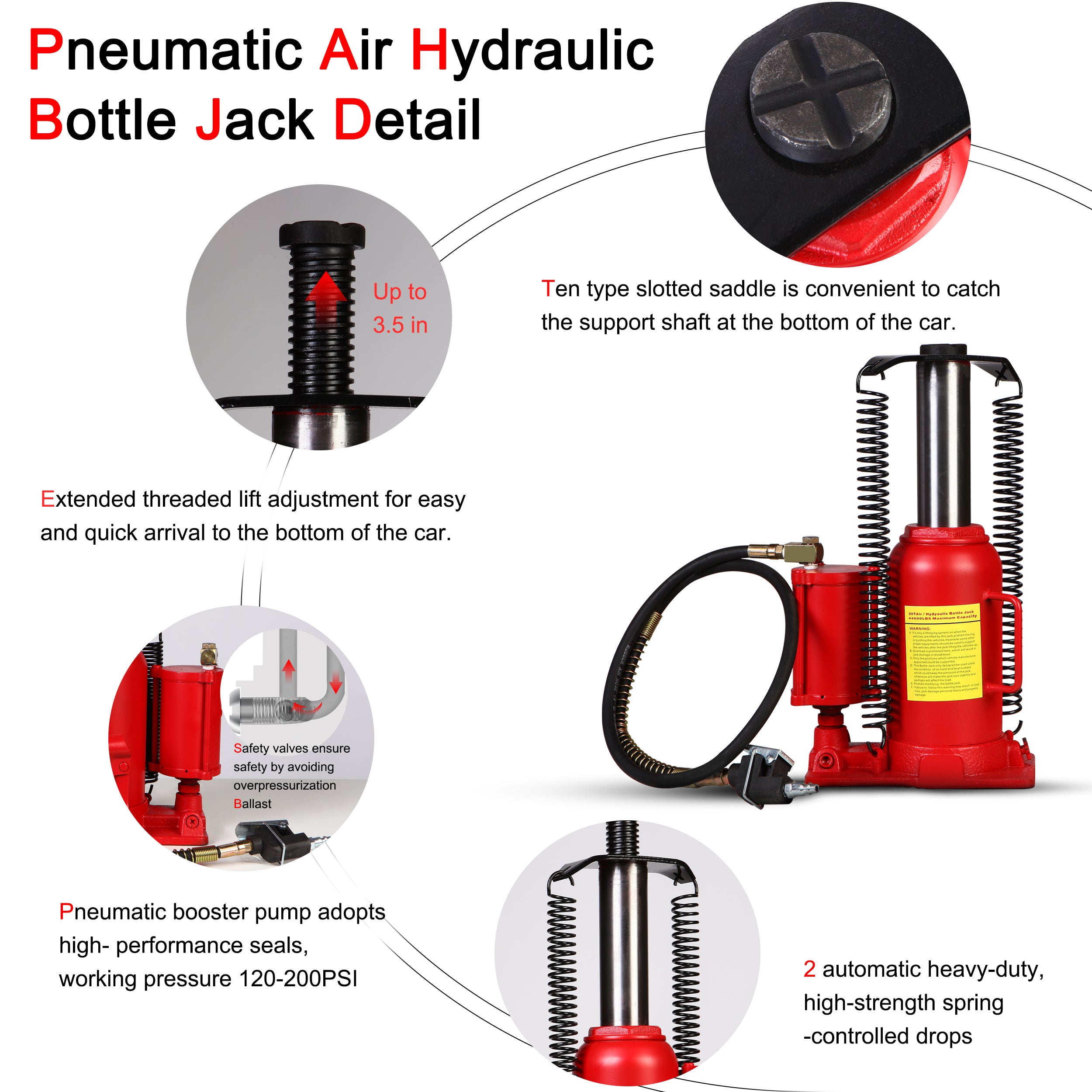 Bottle Jack Air Jack 20 Ton Air Hydraulic Bottle Jack 44029 LBS Air Hydraulic Bottle Jack Heavy Duty Pneumatic Jack with Manual Handle Air Pump for Pi