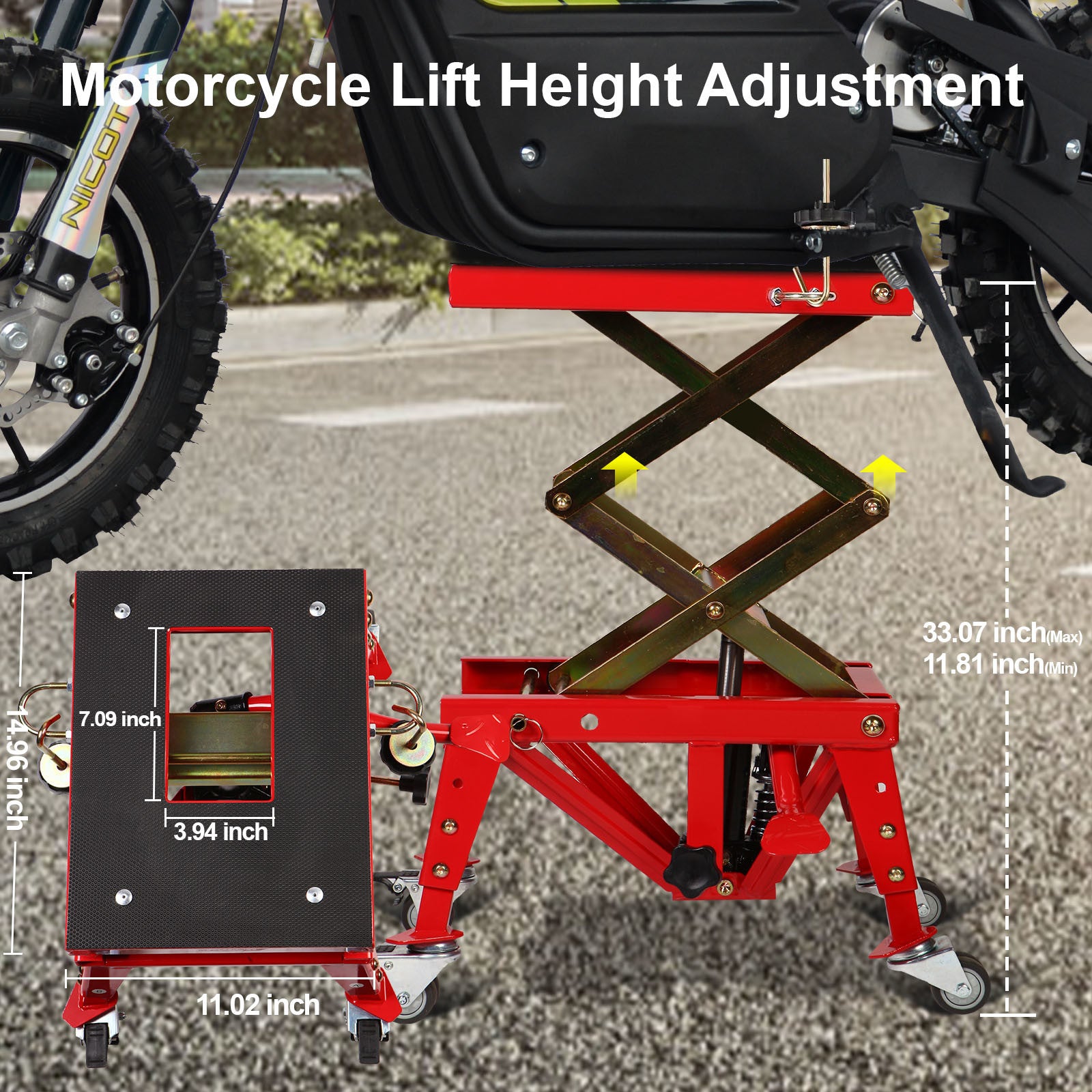 Motorcycle Lift Motorcycle Jack Hydraulic Motorcycle Lift Jack 350 LBS ATV Scissor Lift with Foot-Operated Wide Deck J-Hooks 4 Wheels for ATV (16.14 *