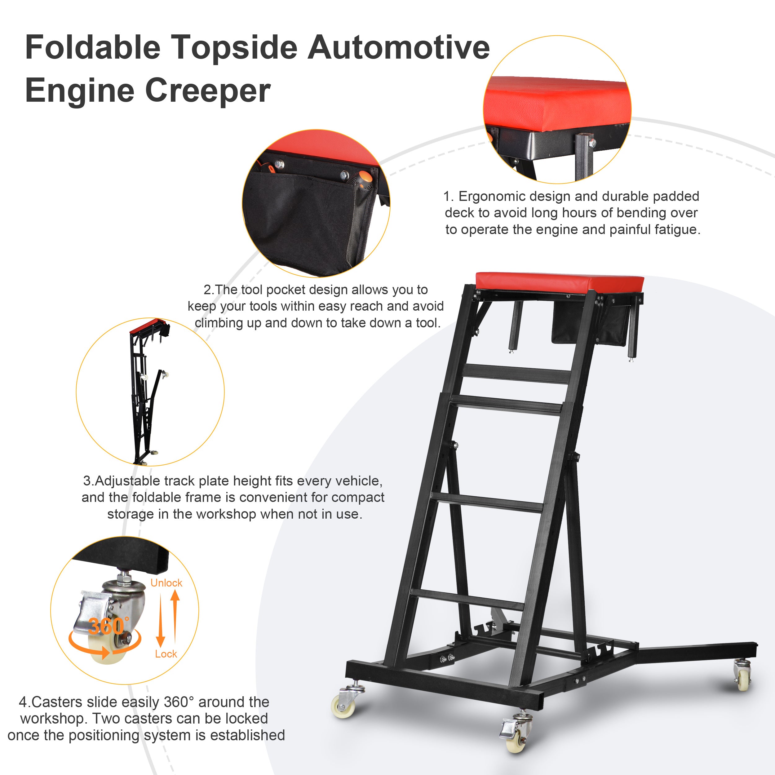 Topside Creeper Foldable Topside Automotive Engine Creeper 400 LBS Top Side Creeper for Trucks with Padded Deck 4 Swivel Caster Wheels for Workshop Re