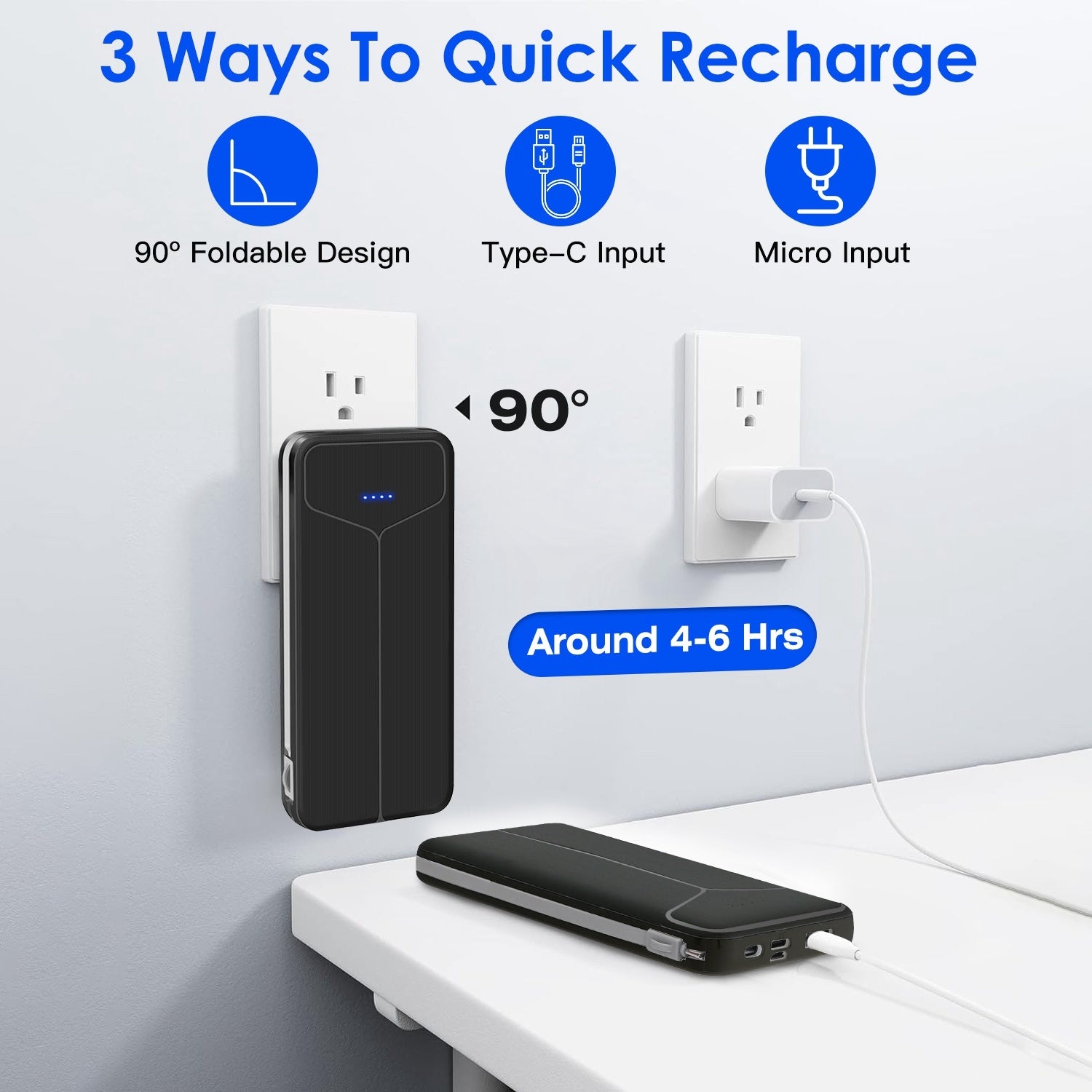 10000mAh Power Bank Portable Charger with US Plug 2 Built-in Cables External Battery Pack with 4 Ouputs 3 Inputs Fit For IOS Phone 14 Android And More