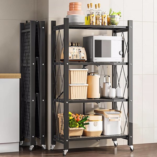 Joybos® 4 Tier Black Heavy Duty Foldable Metal Organizer Shelves with Wheels