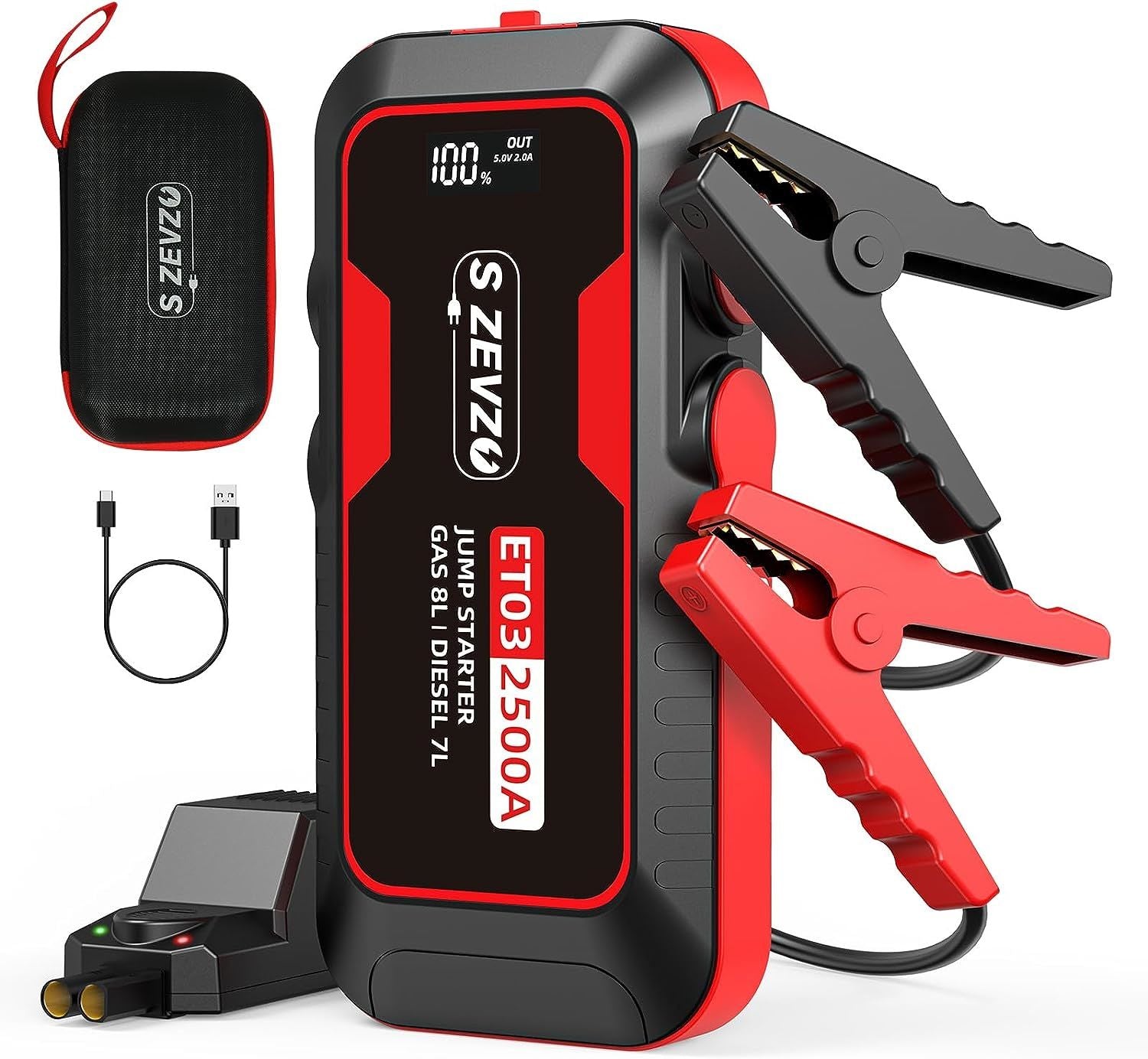 S ZEVZO ET03 Car Jump Starter 2500A Jump Starter Battery Pack for Up to 8.0L Gas and 7.0L Diesel Engines, 74Wh Portable 12V Jump Box with USB Ports, L