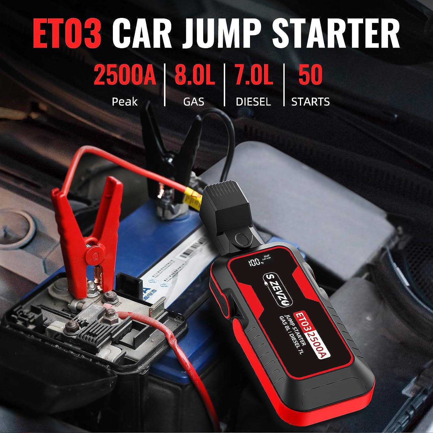 S ZEVZO ET03 Car Jump Starter 2500A Jump Starter Battery Pack for Up to 8.0L Gas and 7.0L Diesel Engines, 74Wh Portable 12V Jump Box with USB Ports, L