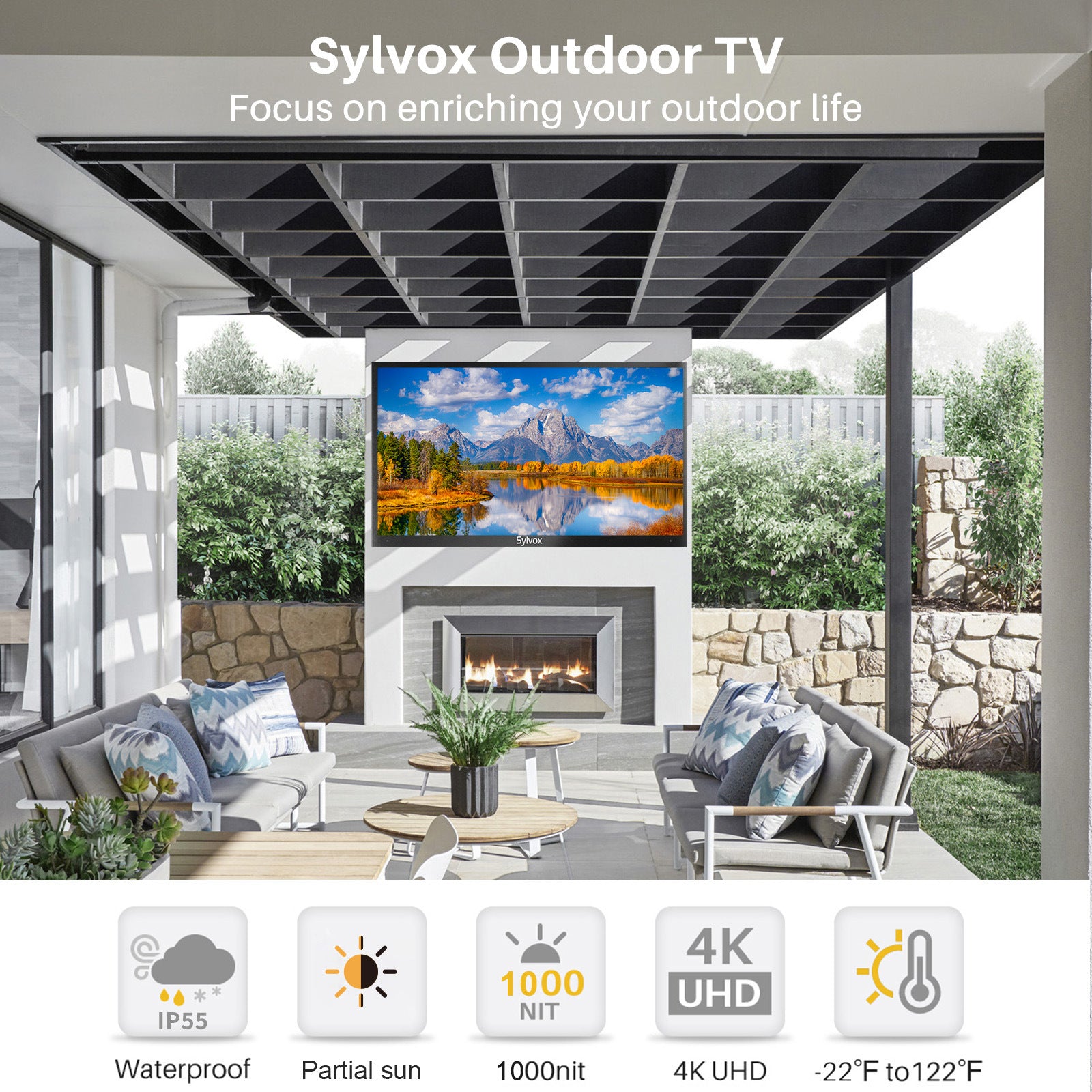 SYLVOX Outdoor TV Partial Sun 1000 Nits 4K LED Waterproof TV Anti Glare Outdoor Smart TV (Deck Series)