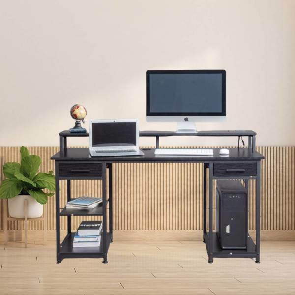 Black wood grain particleboard with non-woven fabric drawer 140*50*86cm multi-layer shelf computer desk with 2 power sockets and 2 USB power interfaces