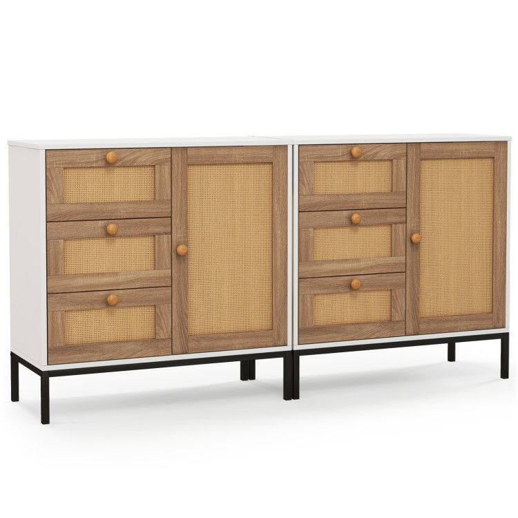 Rattan Sideboard Buffet Cabinet with 1 Door and 3 Drawers