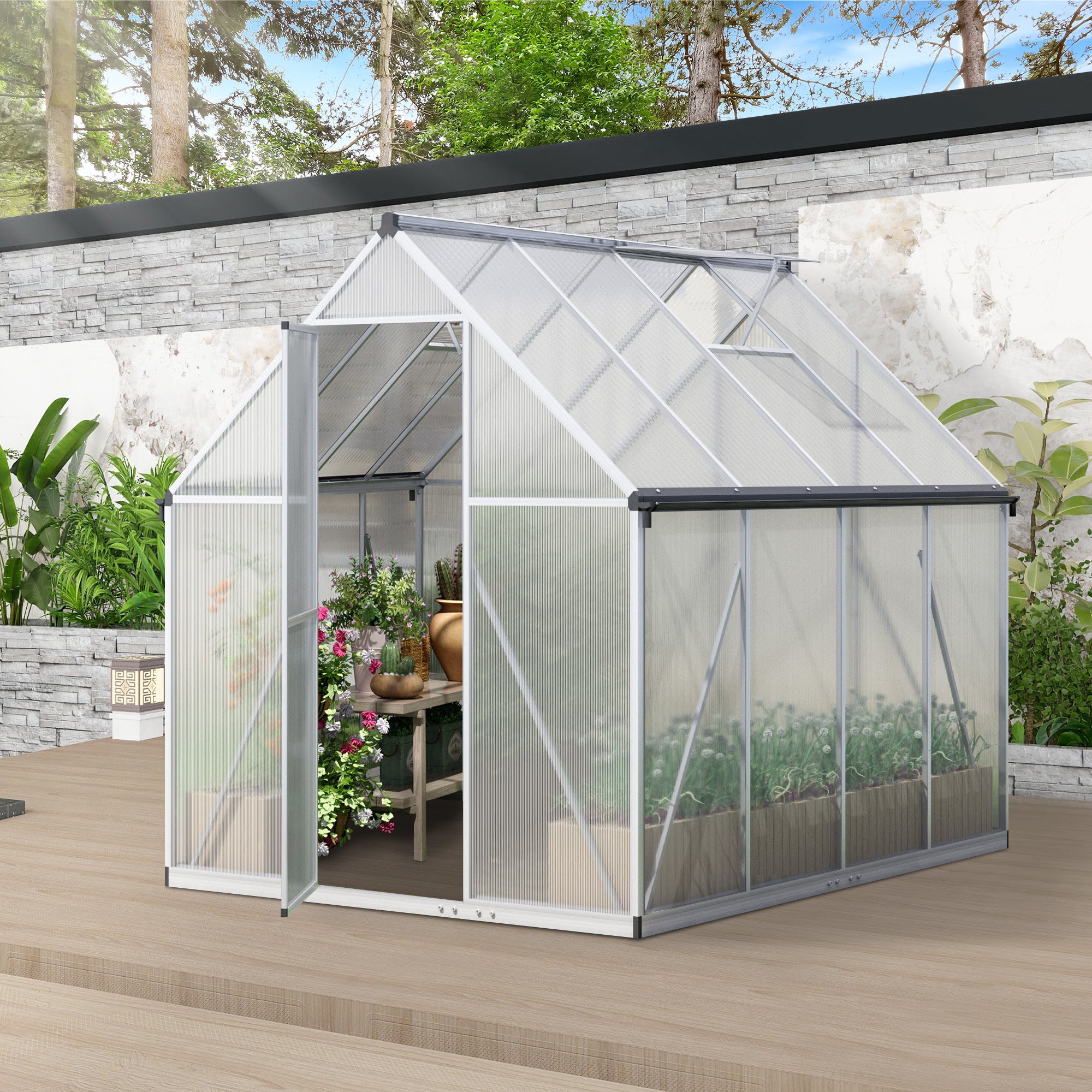 6x8 FT Polycarbonate Greenhouse, Outdoor Walk-in Green House with Vent Window, Hinged Door, Rain Gutter, Heavy-Duty Aluminum Hot House for Backyard Garden