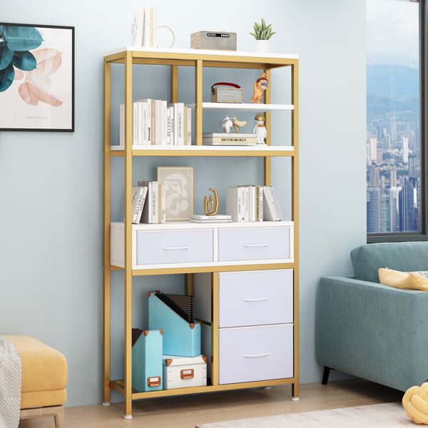 6 layers with 4 drawers bookshelf particleboard iron frame non-woven fabric 90*30*174cm gold frame white plate