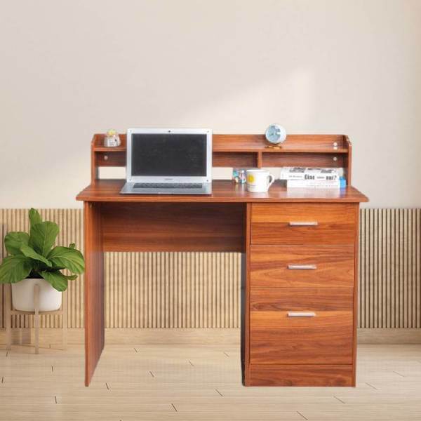 Walnut relief, particle board with melamine laminated board, desktop storage layer, 110*50*95cm, three drawers, computer desk, can hang letter size documents