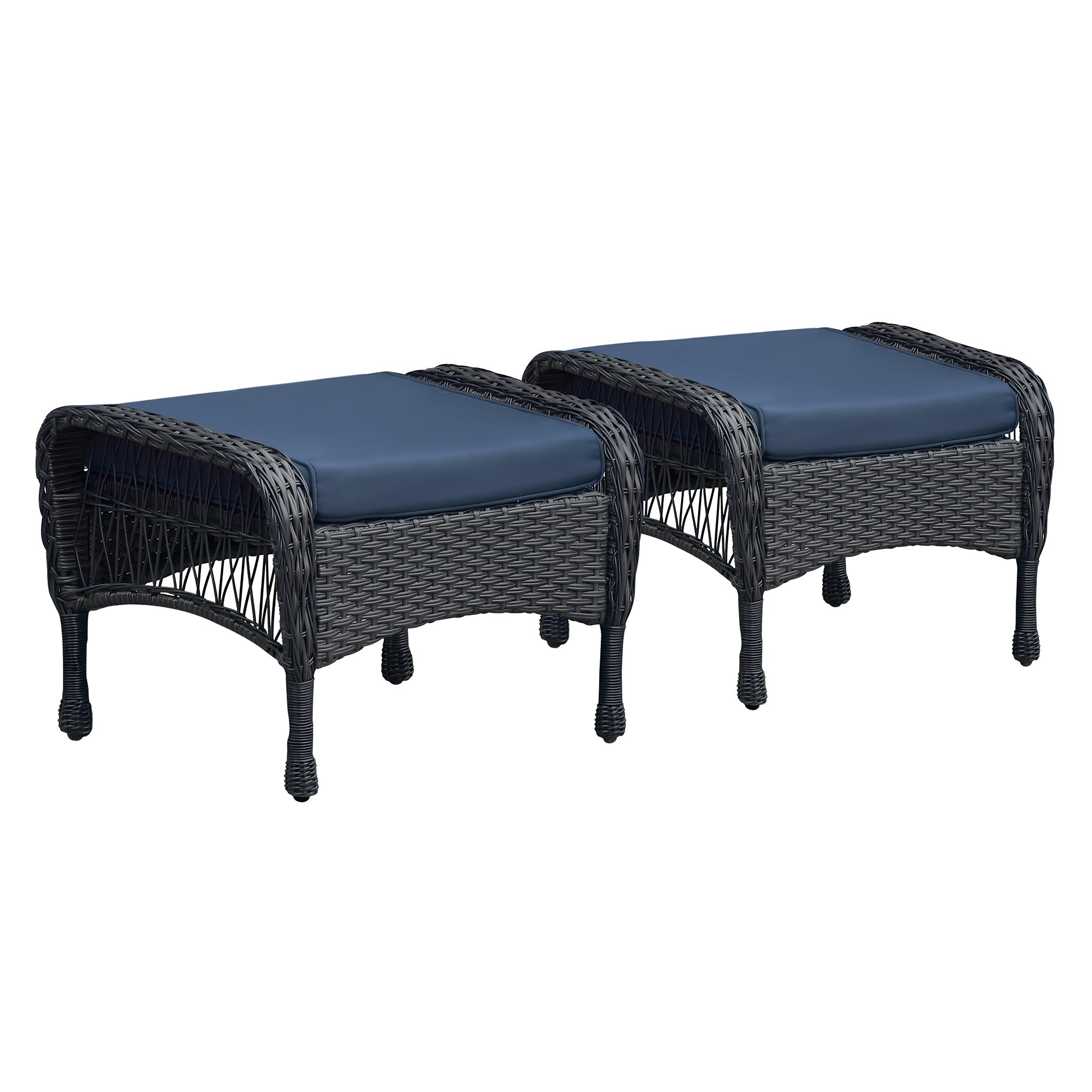 2PCS Outdoor Square Wicker Ottoman with Cushion, Navy Blue