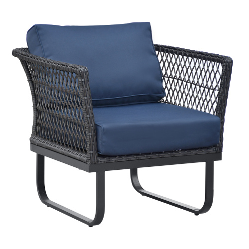 All Weather Steel Frame Rattan Armchair with Cushion, Navy Blue