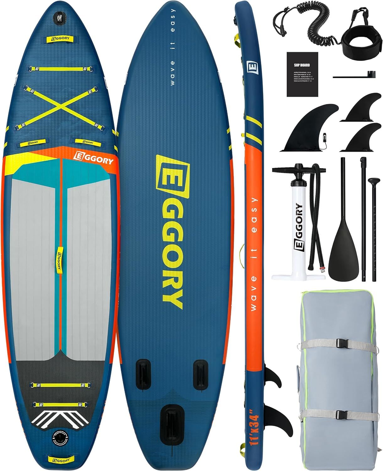 EGGORY Inflatable Paddle Board, 11'x34" Stand Up Paddle Board, Sup Board with Removable Fin, Floating Paddle, Hand Pump, Waterproof Bag, Traveling Board