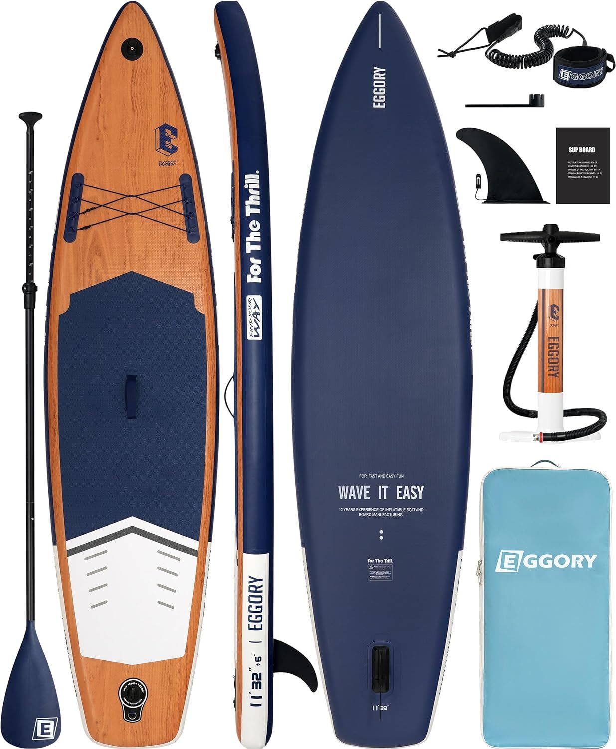 EGGORY Inflatable Paddle Board, 11'x32 Stand Up Paddle Board, Sup Board with Removable Fin, Floating Paddle, Hand Pump, Waterproof Bag, Traveling Board