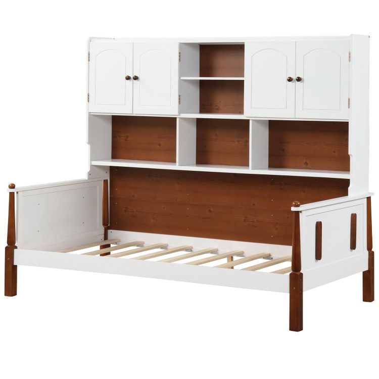 Twin Bed with Bookcase with Shelves and  Wooden Slat Support No Box Spring Needed for Living Room Bedroom