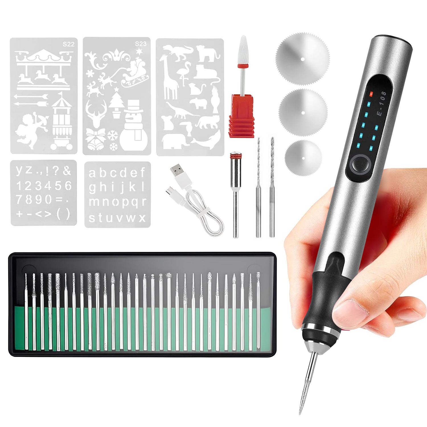 Electric Engraving Pen with 33Pcs Burr Bits 5Pcs Stencils 3 Gears Speed Rechargeable Cordless Professional Engraver Etching Machine For Jewelry Glass Stone Metal Wood