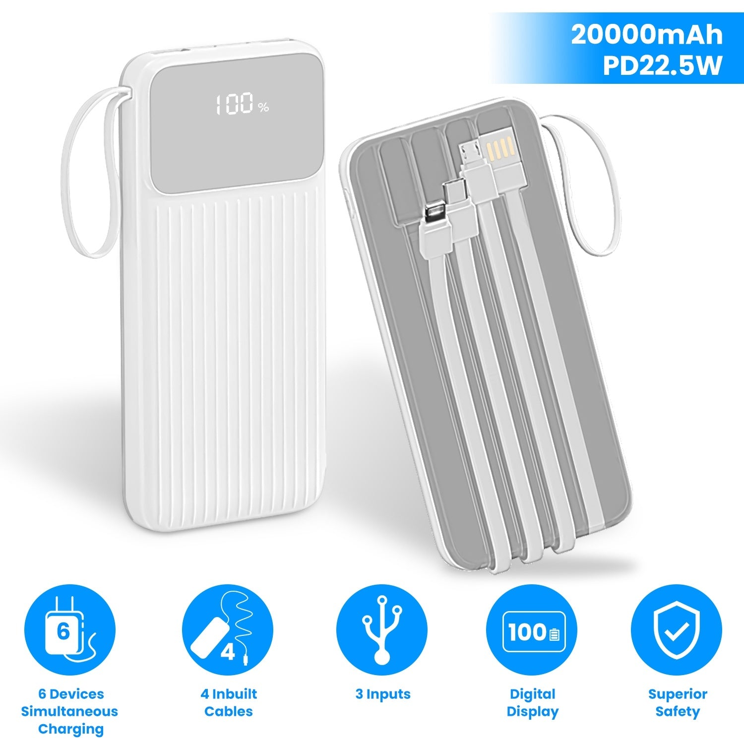 PD22.5W Fast Charger 20000mAh Fast Charging Power Bank Portable Charger with 4 Inbuilt Cables Digital Display Handle Fit For IOSPhone 15/14 Android An