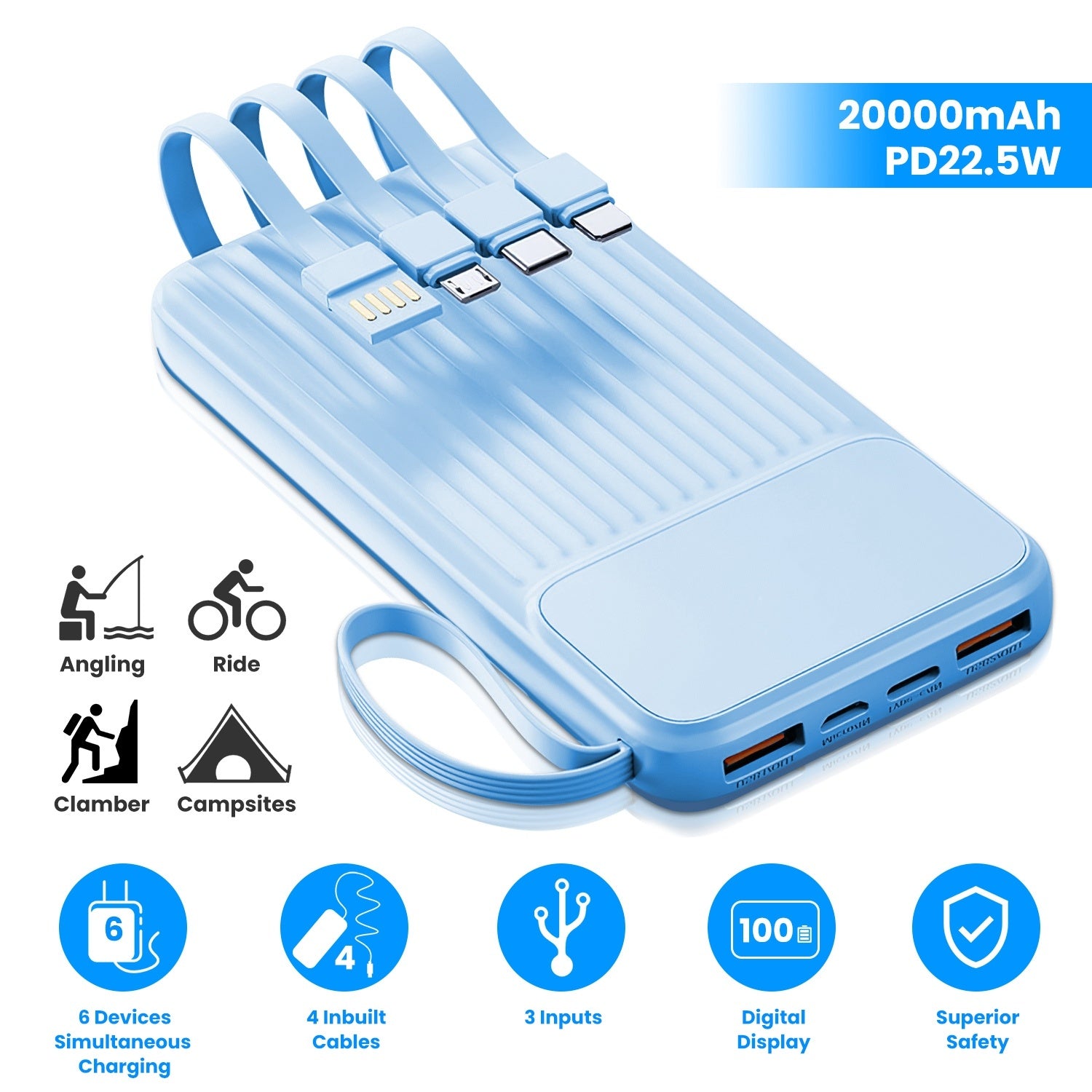 PD22.5W Fast Charger 20000mAh Fast Charging Power Bank Portable Charger with 4 Inbuilt Cables Digital Display Handle Fit For IOSPhone 15/14 Android An