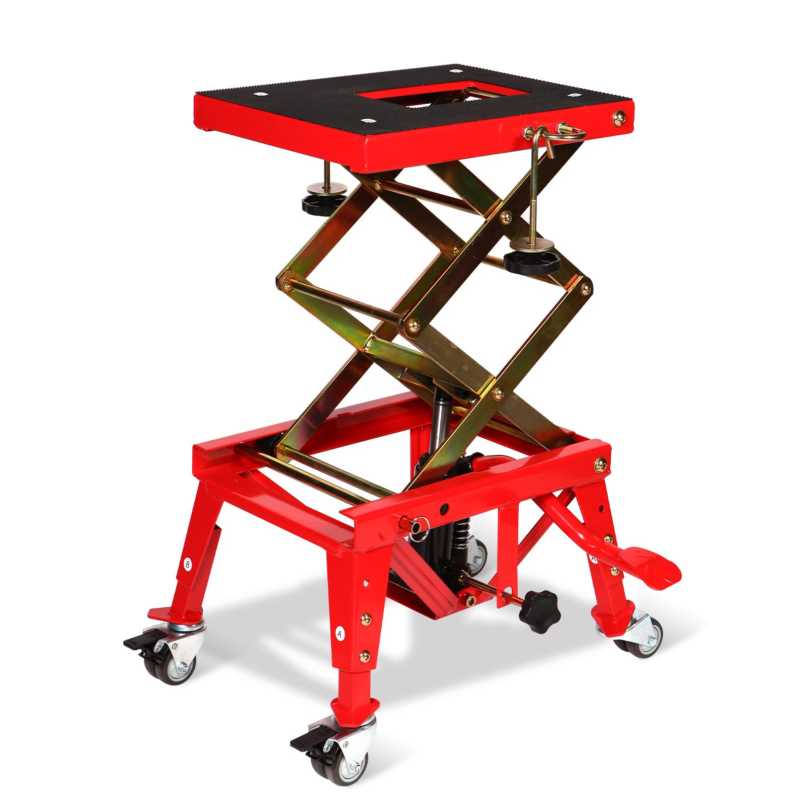 Motorcycle Lift Motorcycle Jack Hydraulic Motorcycle Lift Jack 350 LBS ATV Scissor Lift with Foot-Operated Wide Deck J-Hooks 4 Wheels for ATV (14.96 *