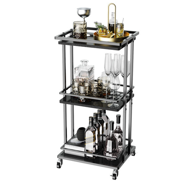 3 Tier Bar Cart for Home, Mobile Bar Serving Cart, Wine Cart on Wheels, Industrial Style Wine Cart for Kitchen, Beverage Cart with Wine Rack and Glass Holder, Multifunction Utility Cart Storage Rack