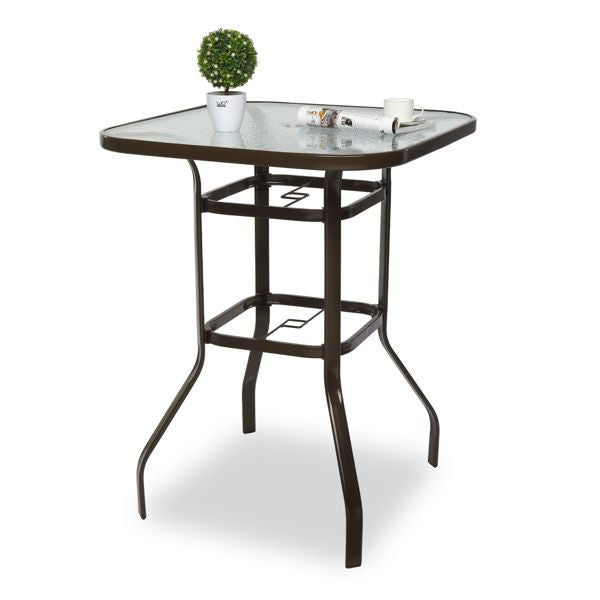 31 Inch Patio Bar Table, Square Outdoor Bar Height Bistro Table with Tempered Glass Tabletop & Umbrella Hole, Outdoor Cocktail Table for Patio Yard Poolside, Brown