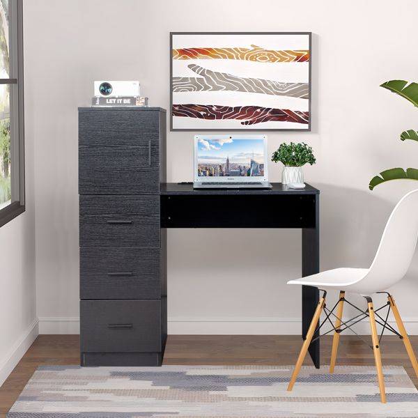 Black embossed particle board with melamine H-type 104.5*49*120cm, one door and three drawers, computer desk, 2 USBs, 2 power sockets