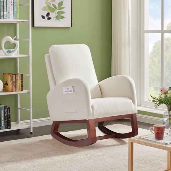 Beige, High Back Side Bag Flannelette Wood Indoor Rocking Chair, Brown Legs